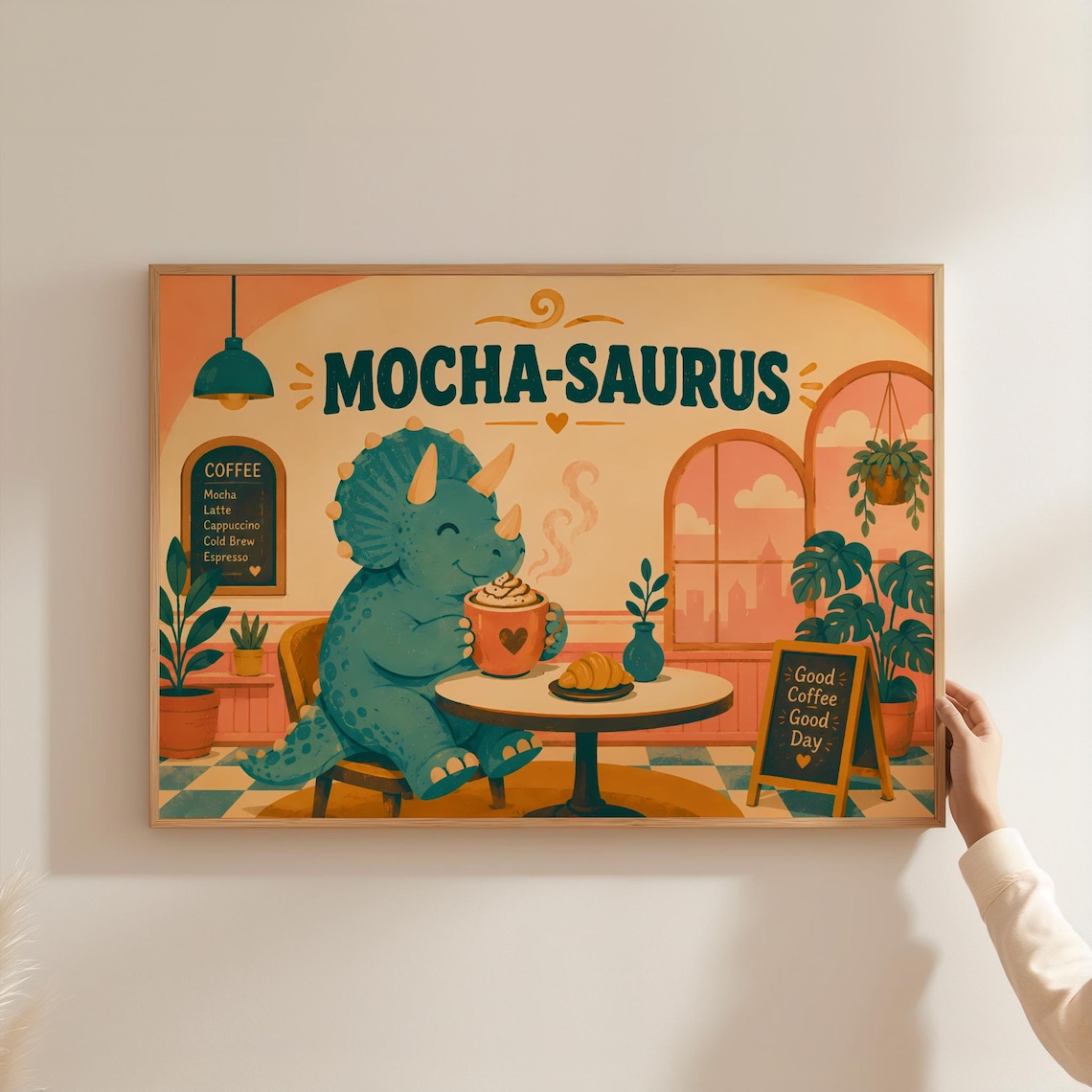 Retro Mochasaurus Typography Poster, Funny Dinosaur Art Print