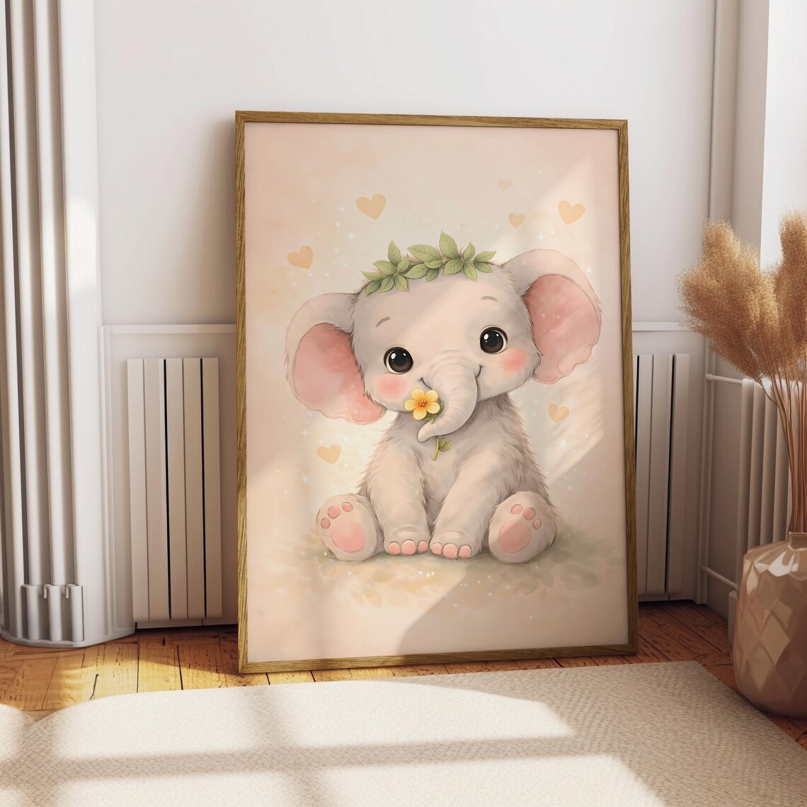 Cute Baby Elephant Nursery Watercolor Flower Crown Soft Pink Hearts Poster