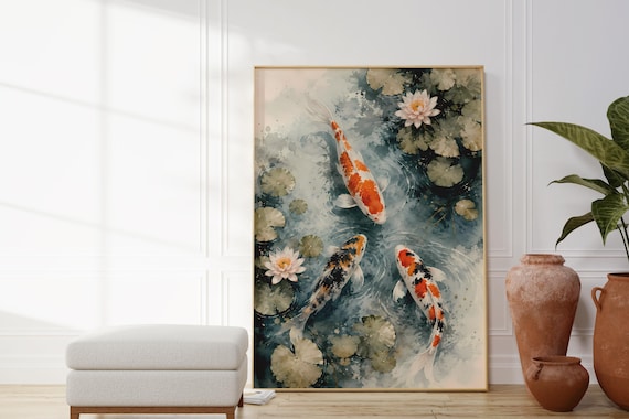 Japanese Koi Fish Pond Watercolor Poster Zen Lotus Lily Pad Wall Art Feng Shui Painting Print Oriental Tranquil Decor