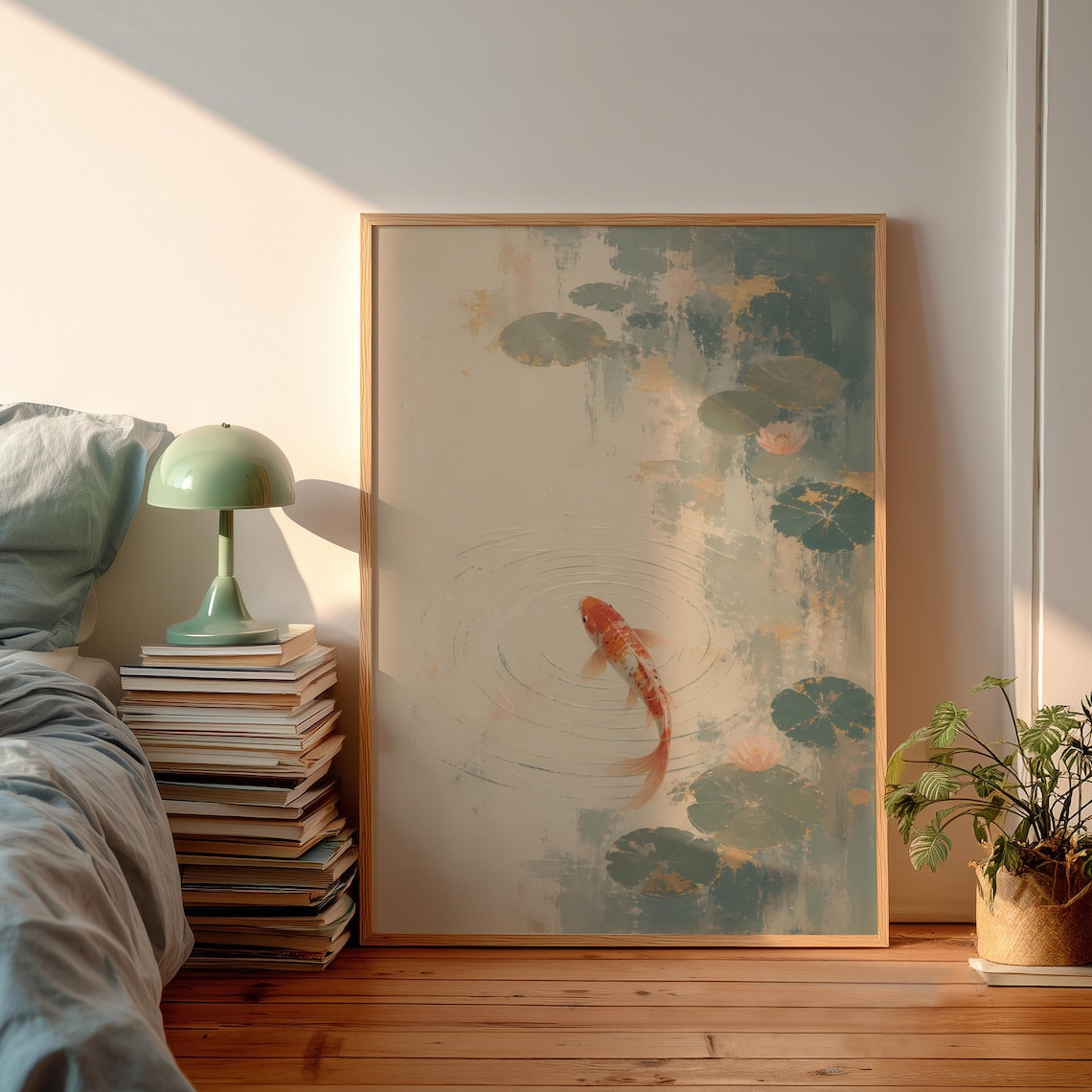 Japandi Koi Fish Print, Minimalist Zen Pond Art