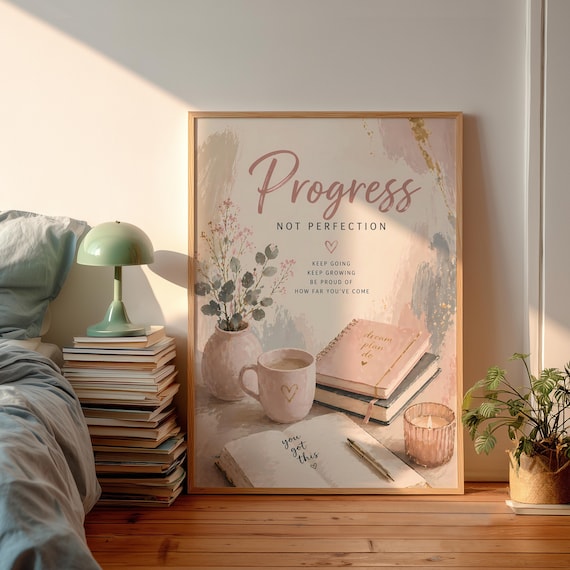 Inspirational Quote Wall Art Progress Not Perfection Print Cozy Pink Aesthetic Decor Dream Plan Do Notebook Poster Mental Health Gift