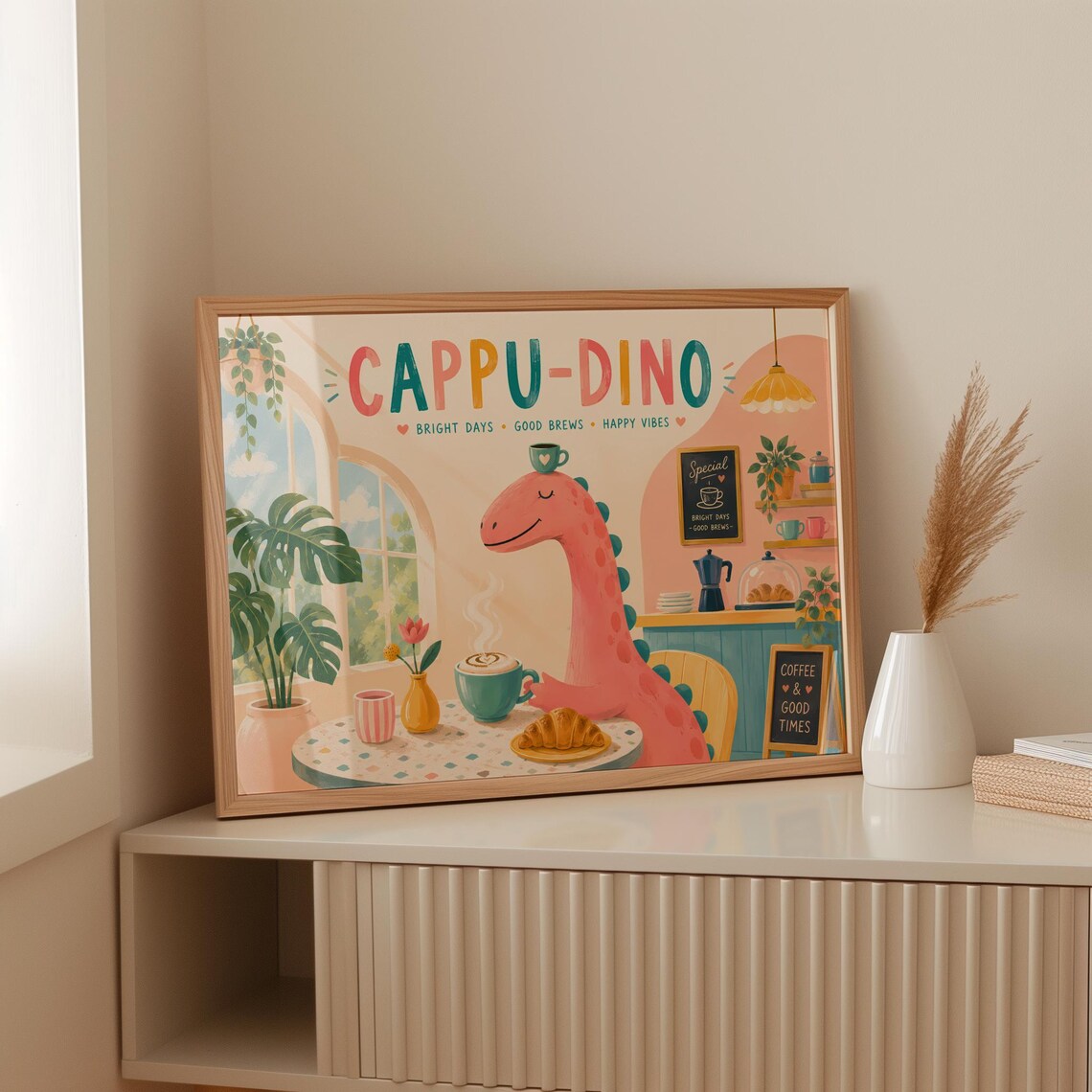 Cappu Dino Cafe Pink Dinosaur Cappuccino Croissant Happy Wall Art