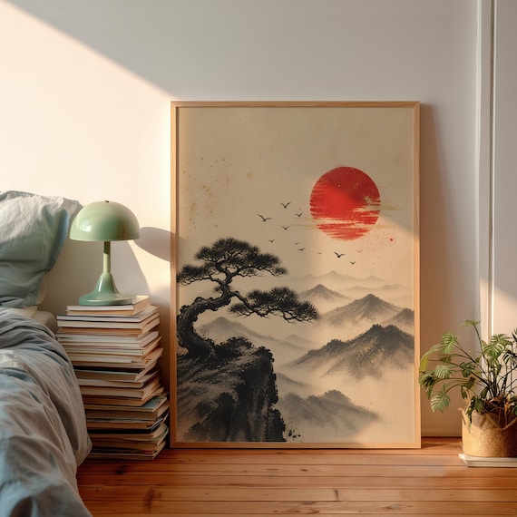 Bonsai Tree Japanese Poster Retro Rising Sun Wall Art Vintage Asian Landscape Print Japandi Zen Mountain Painting Large Decor