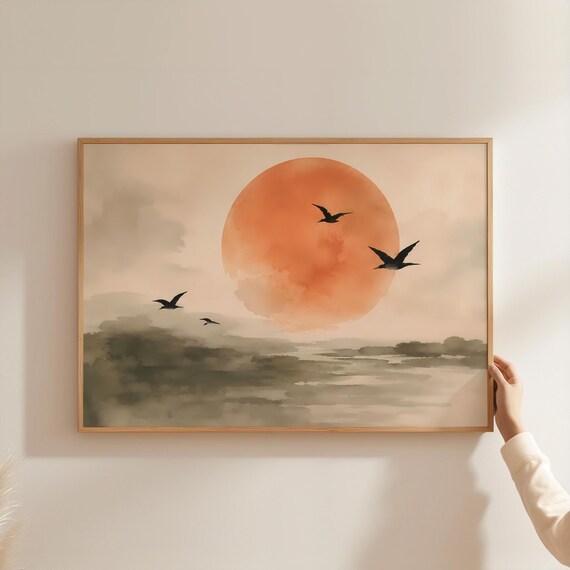 Minimalist Sun And Sea Print Japandi Wall Art Abstract Watercolor Ocean Poster Retro Asian Landscape Boho Neutral