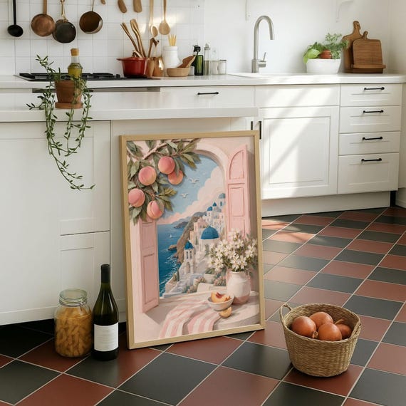 Digital Download Santorini Poster Mediterranean Window View Printable Pink Shutters Peach Art Print File