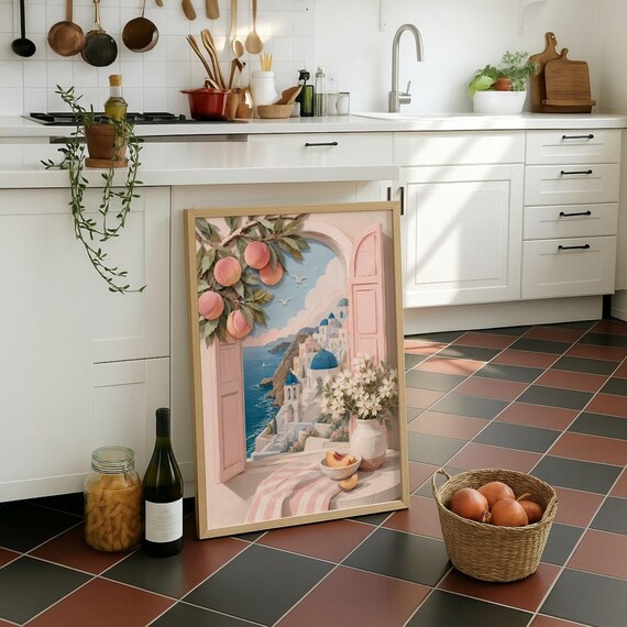 Santorini Greece Window View Poster Blue Domes Pink Shutters Coastal Art