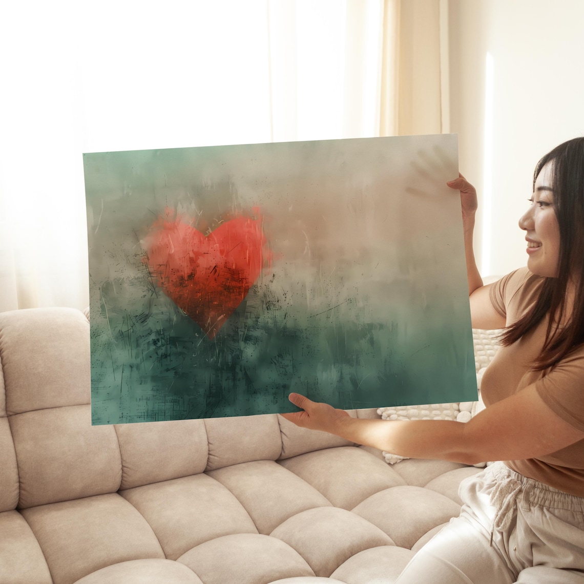 Abstract Red Heart in Fog, Minimalist Love Art Print