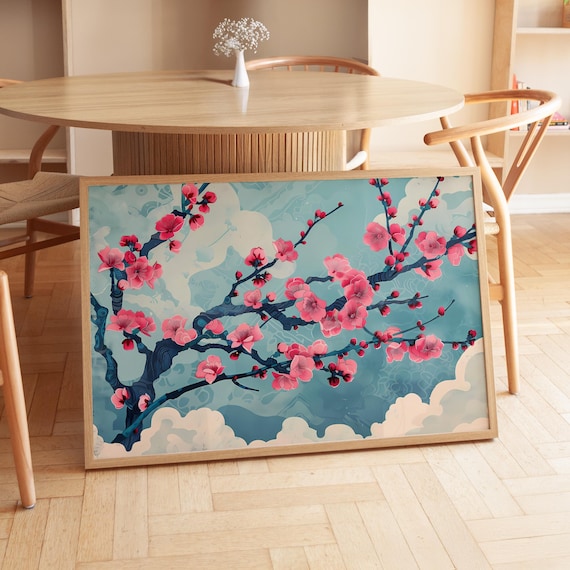 Pink Cherry Blossom Download Sakura Wall Art Printable Japanese Zen Flower Digital Print Teal Floral Poster Diy Instant
