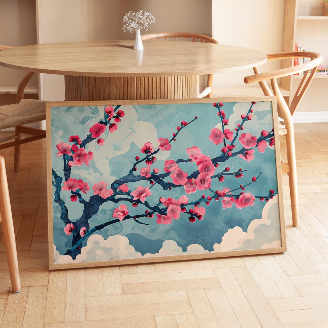 Cherry Blossom Branches Teal Sky Japanese Sakura Zen Wall Art