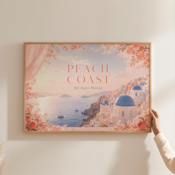 Peach Coast Soft Aegean Morning Santorini Blossom Horizontal Poster