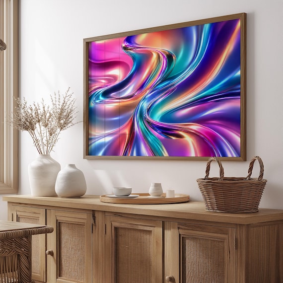 Digital Download Liquid Chrome Poster Holographic Wall Art 3d Fluid Abstract Printable Vibrant Neon Metallic Aesthetic Print File
