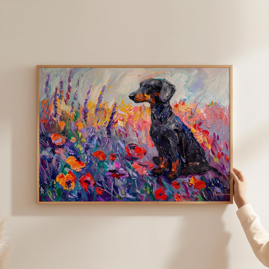 Colorful Dachshund, Flower Field Dog Portrait