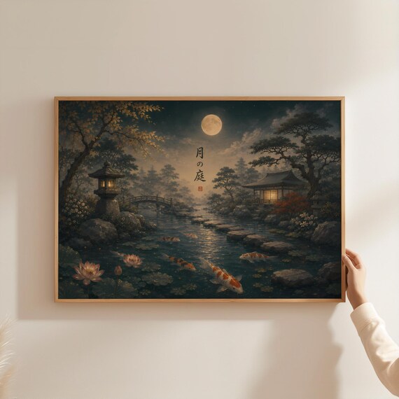 Modern Japanese Koi Fish Pond Poster, Zen Garden Moonlit