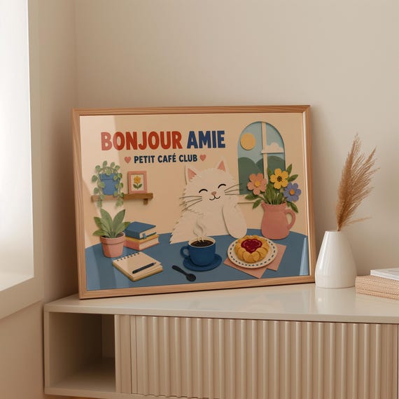 White Cat Art Print, Whimsical French Pastry