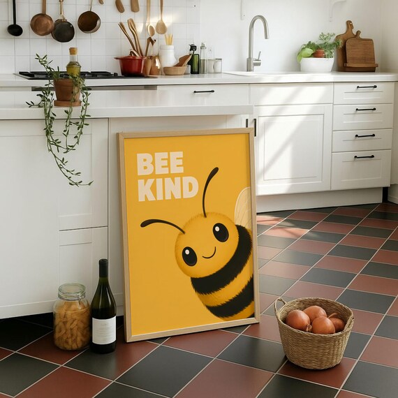 Bienen Poster Bee Kind Niedliche Biene Wandbild Gelbe Kinderzimmer Deko Positiver Spruch Retro Tierillustration