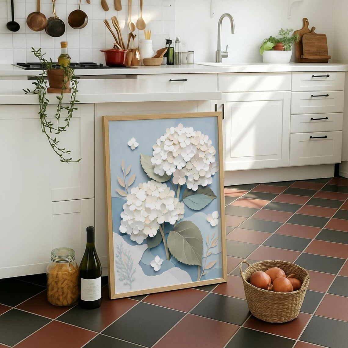 Modern Paper Cut Hortensia Poster, Minimalist Botanical