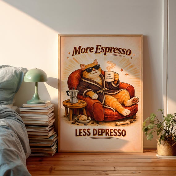 More Espresso Less Depresso Poster Funny Cat Wall Art Retro Coffee Lover Gift Orange Red Armchair Vintage Kitchen Decor