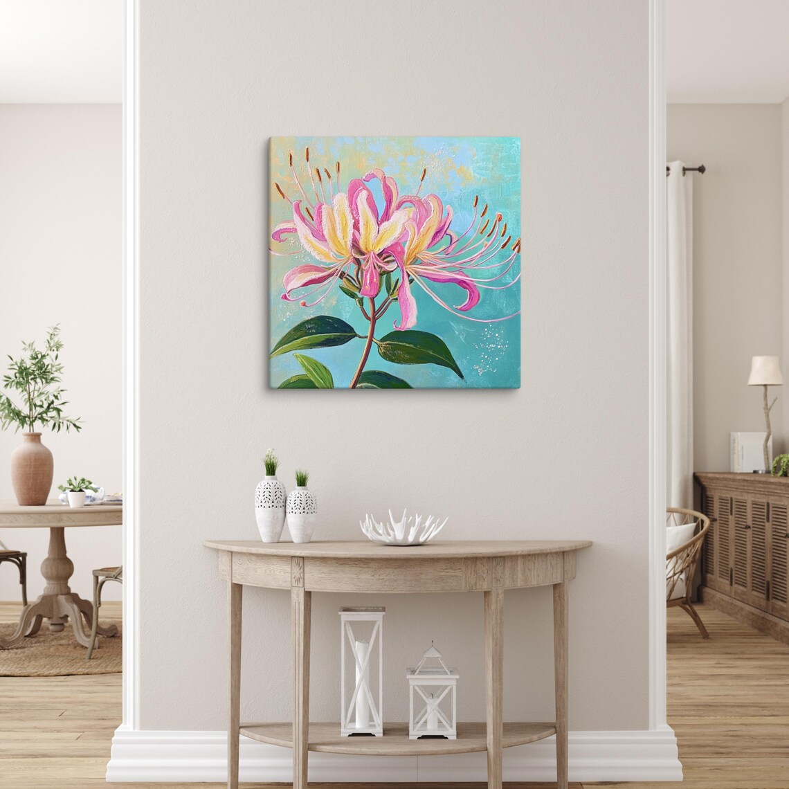 Pink Yellow Honeysuckle Blooms Teal Background Oil Painting Poster - Image 5