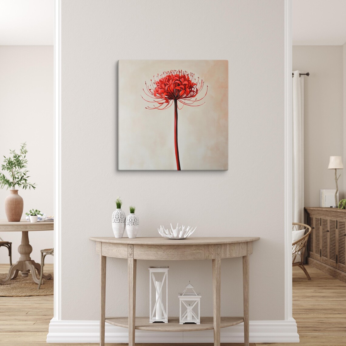 Red Spider Lily Bloom Long Stamens Beige Botanical Painting Art Poster - Image 3