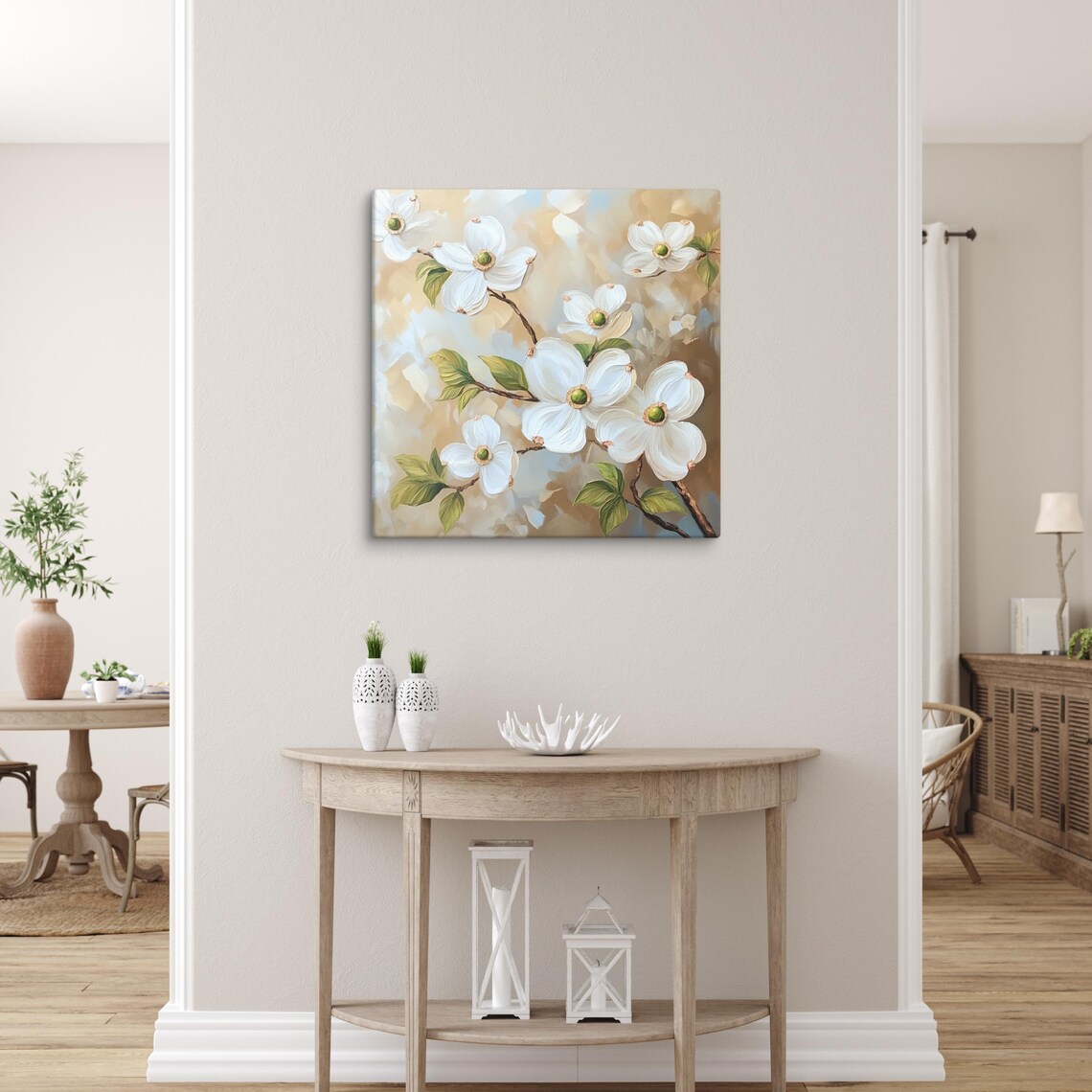 White Dogwood Blossoms Branch Soft Gold Floral Painting Wall Art - Image 2