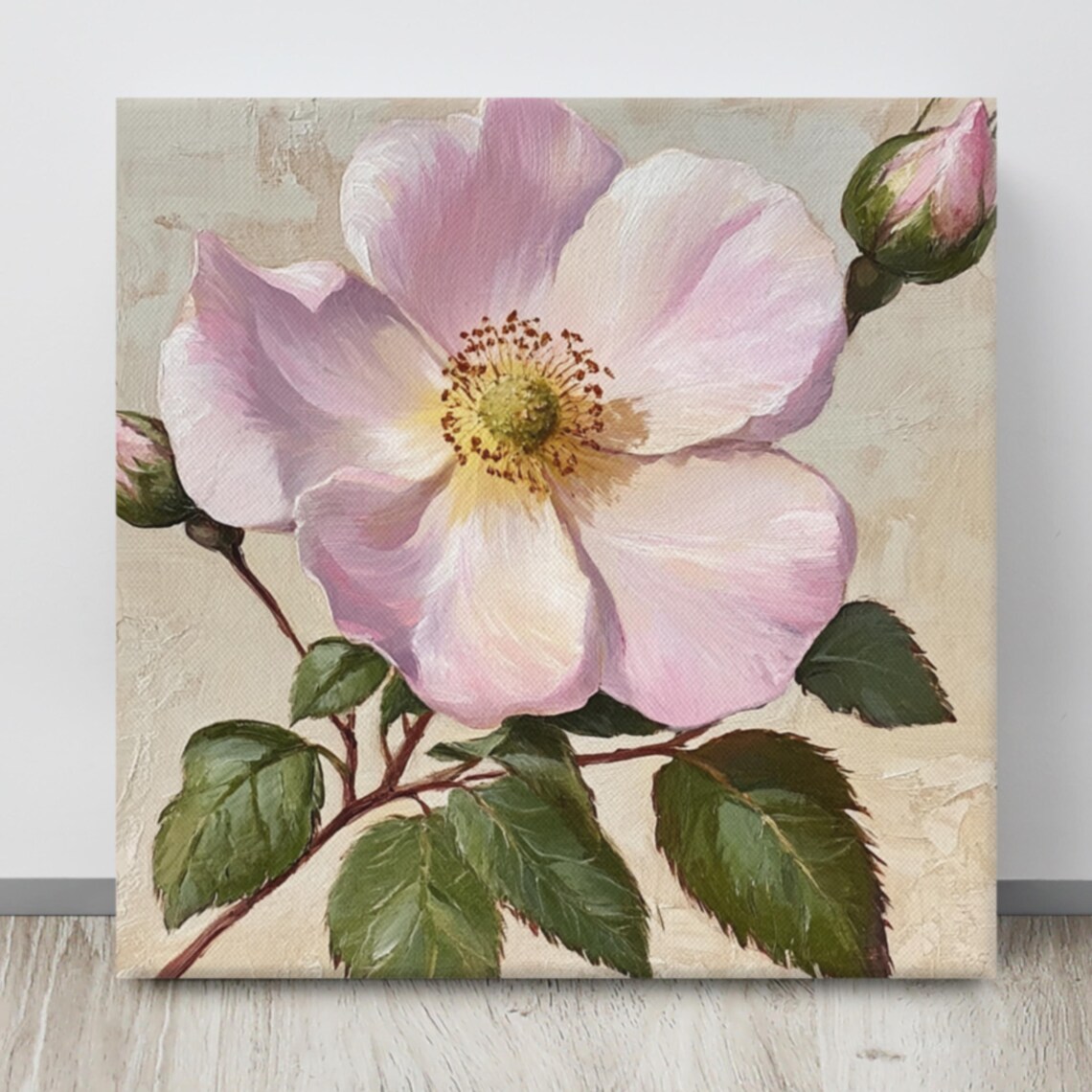 Pale Pink Dog Rose Golden Stamens Green Leaves Vintage Soft Oil Poster - Image 4