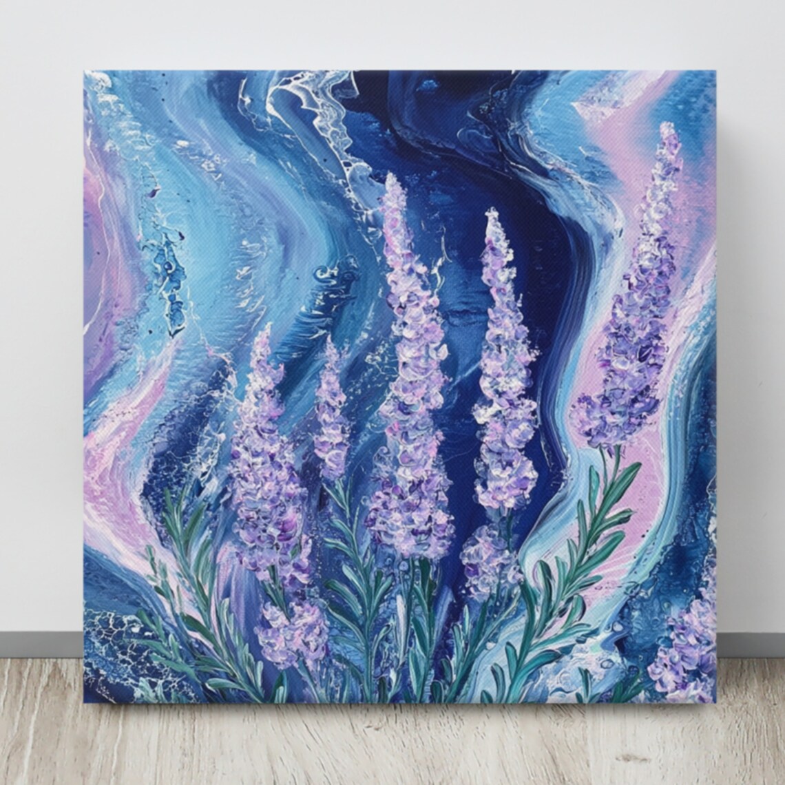 Purple Lavender Stalks Blue Abstract Swirl Oil Painting Poster - Image 4