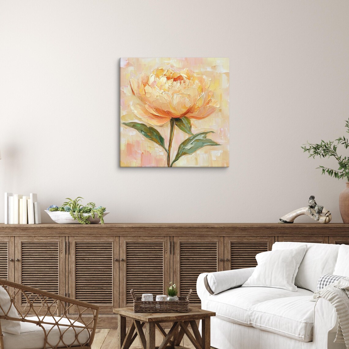Apricot Peach Peony Oil Painting Warm Textured Floral Art Poster - Image 5
