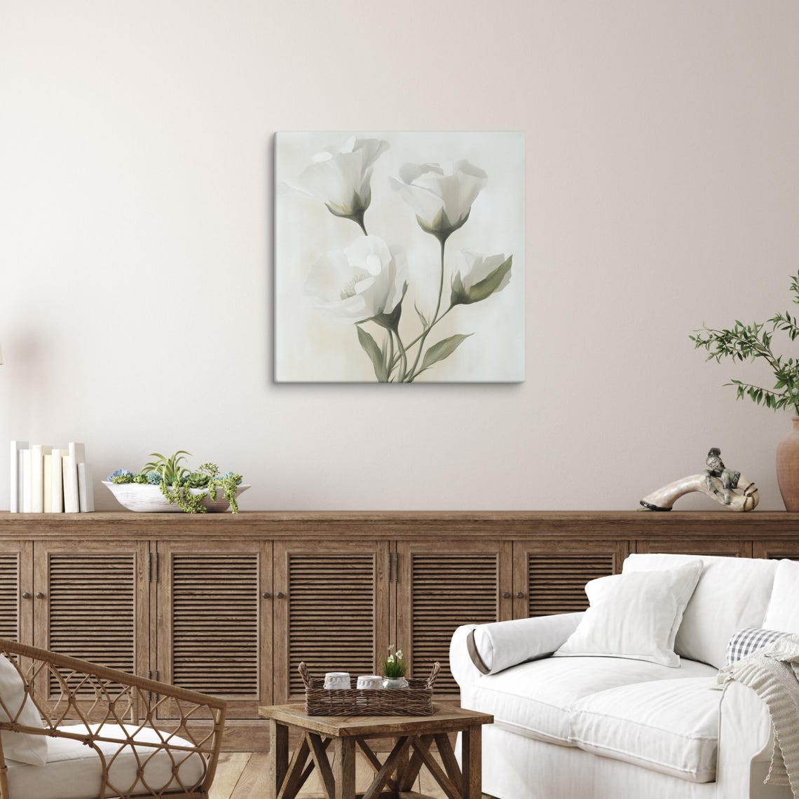 White Lisianthus Delicate Blooms Beige Botanical Floral Art Poster - Image 5