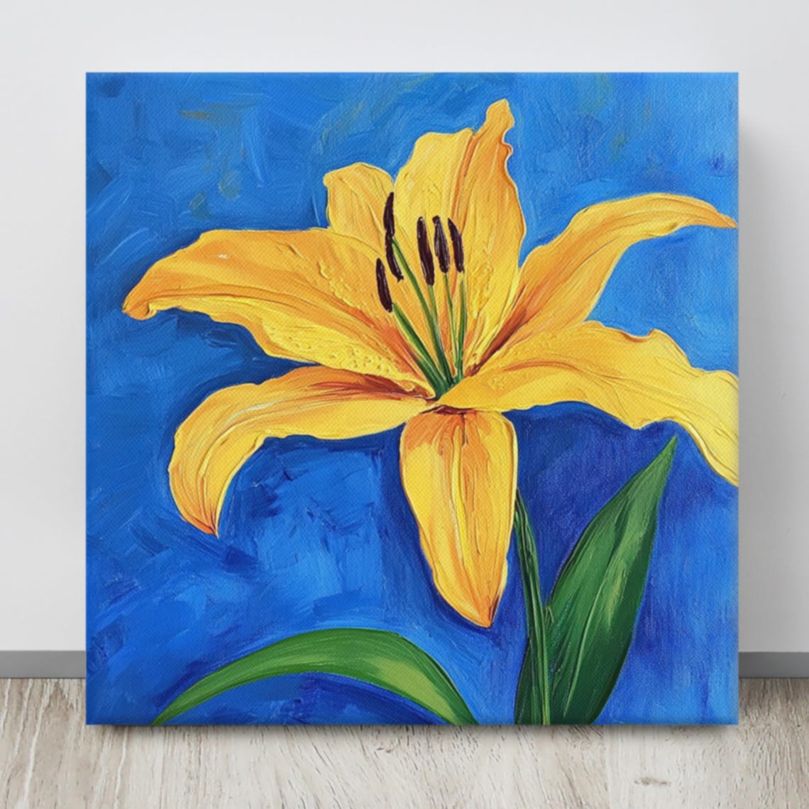 Golden Yellow Lily Bold Blue Background Botanical Floral Art Poster - Image 4