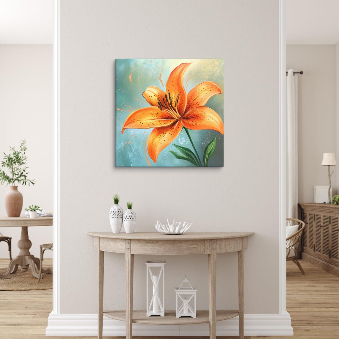 Orange Spotted Lily Bold Bright Bloom Teal Background Floral Print - Image 5