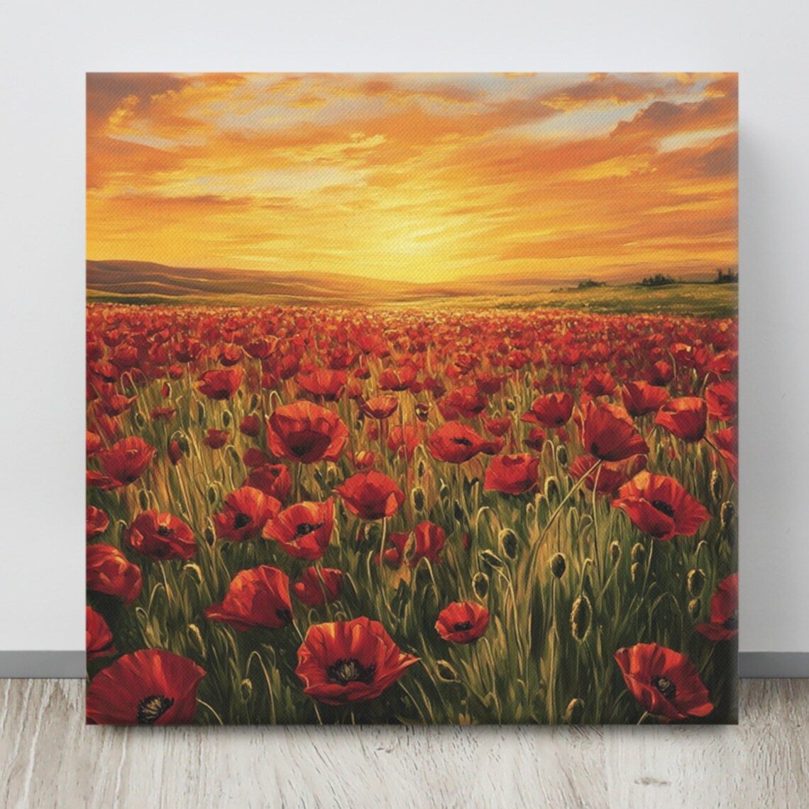 Red Poppy Field Sunset Golden Sky Flower Meadow Canvas Art Print - Image 4