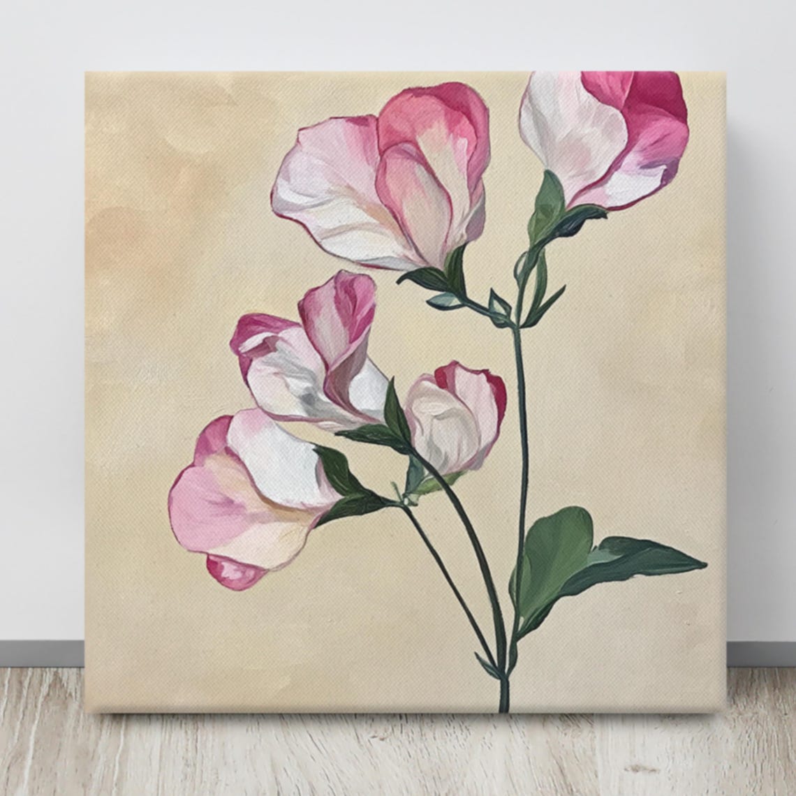 Sweet Pea Flower Wall Art Painting Print Living Room Wall Art Sweet Pea Art Flower Painting Print Beige Wall Art - Image 4