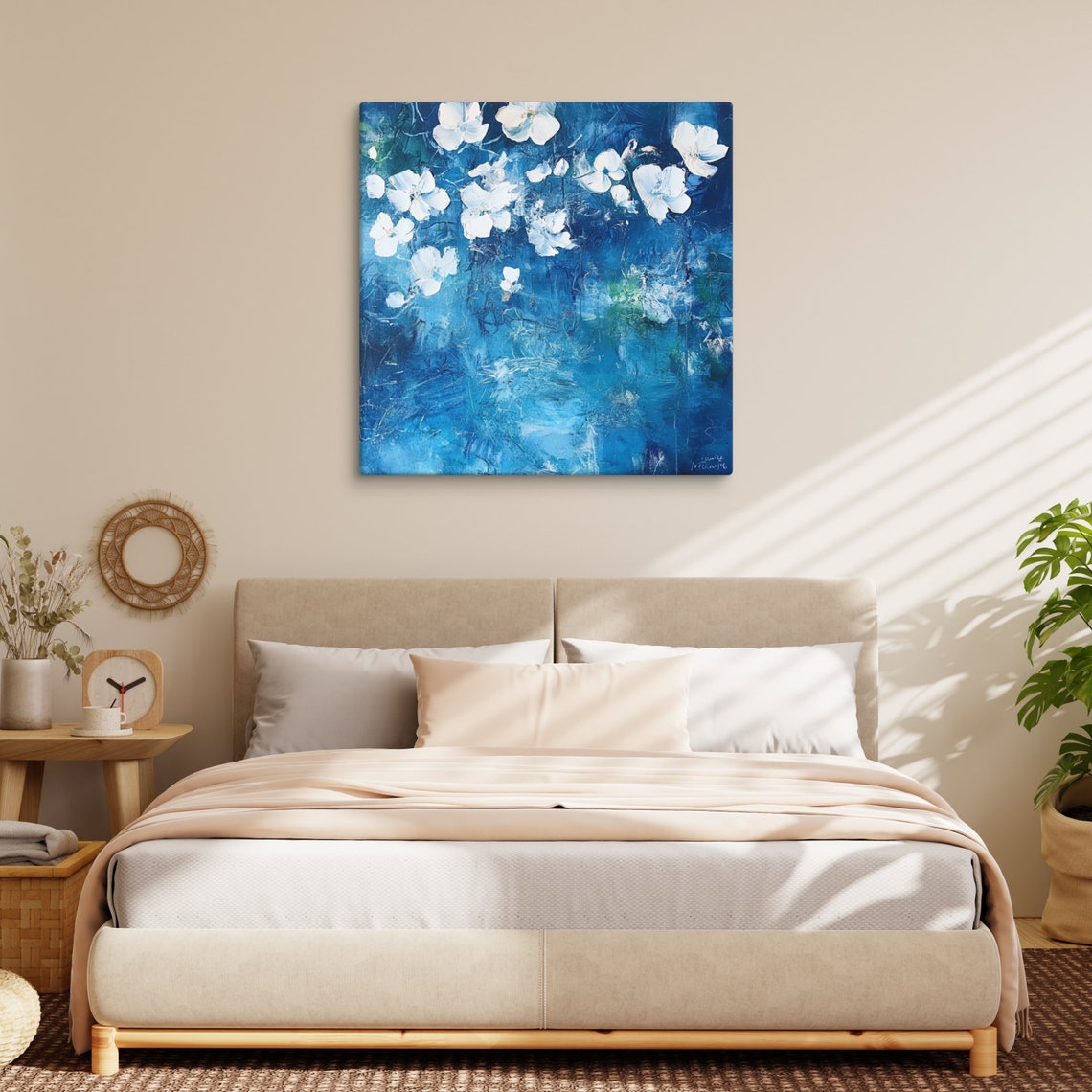 White Blossom Deep Blue Textured Background Coastal Floral Poster - Image 2