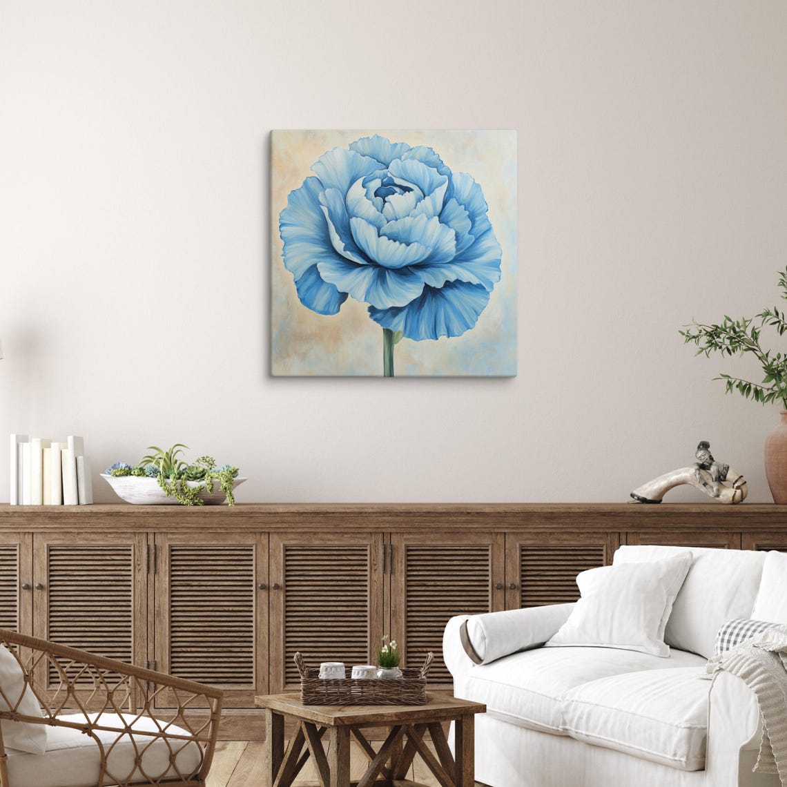 Large Blue Carnation Bloom Soft Cream Background Print Poster - Image 3