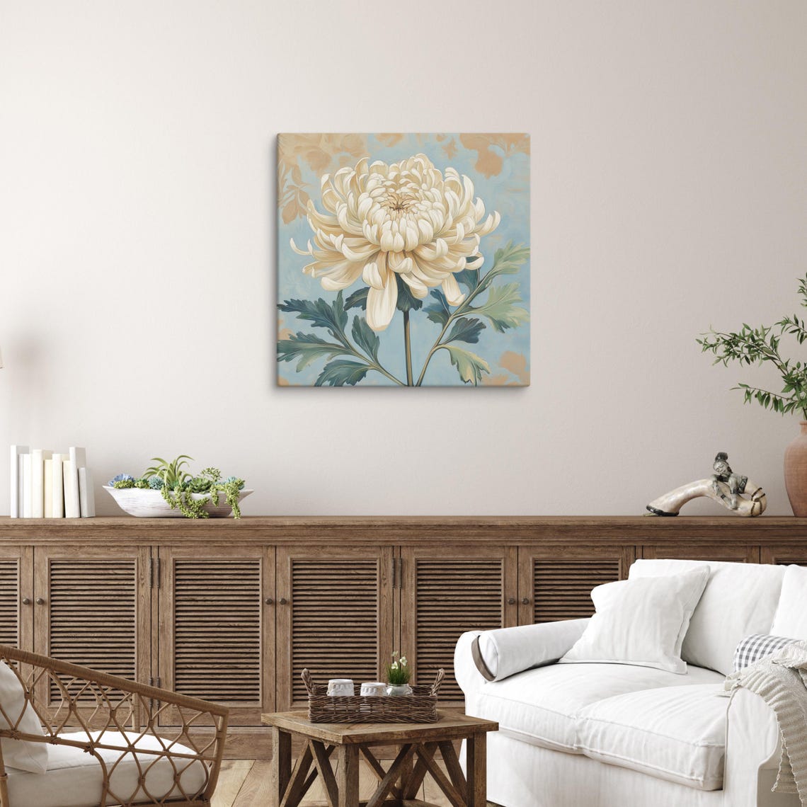 White Chrysanthemum Bloom Blue Gray Vintage Botanical Art Print Poster - Image 5