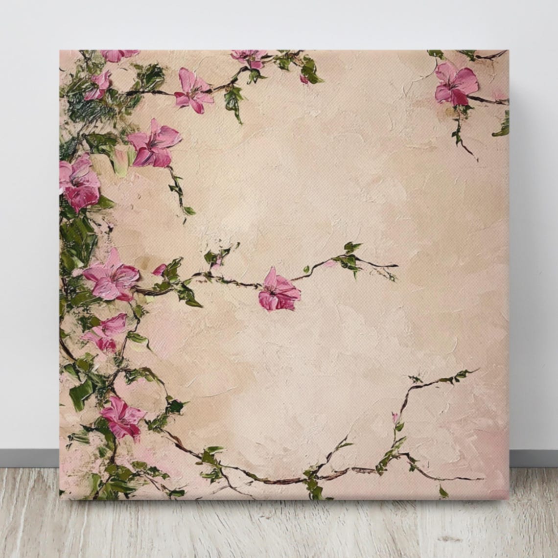 Pink Flowering Vine Branches Textured Beige Botanical Art Poster - Image 4
