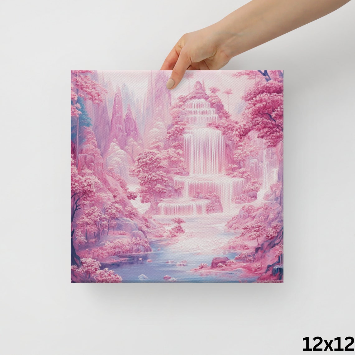 Pink Cherry Blossom Waterfall Temple Spring Flower Valley Wall Art - Image 2