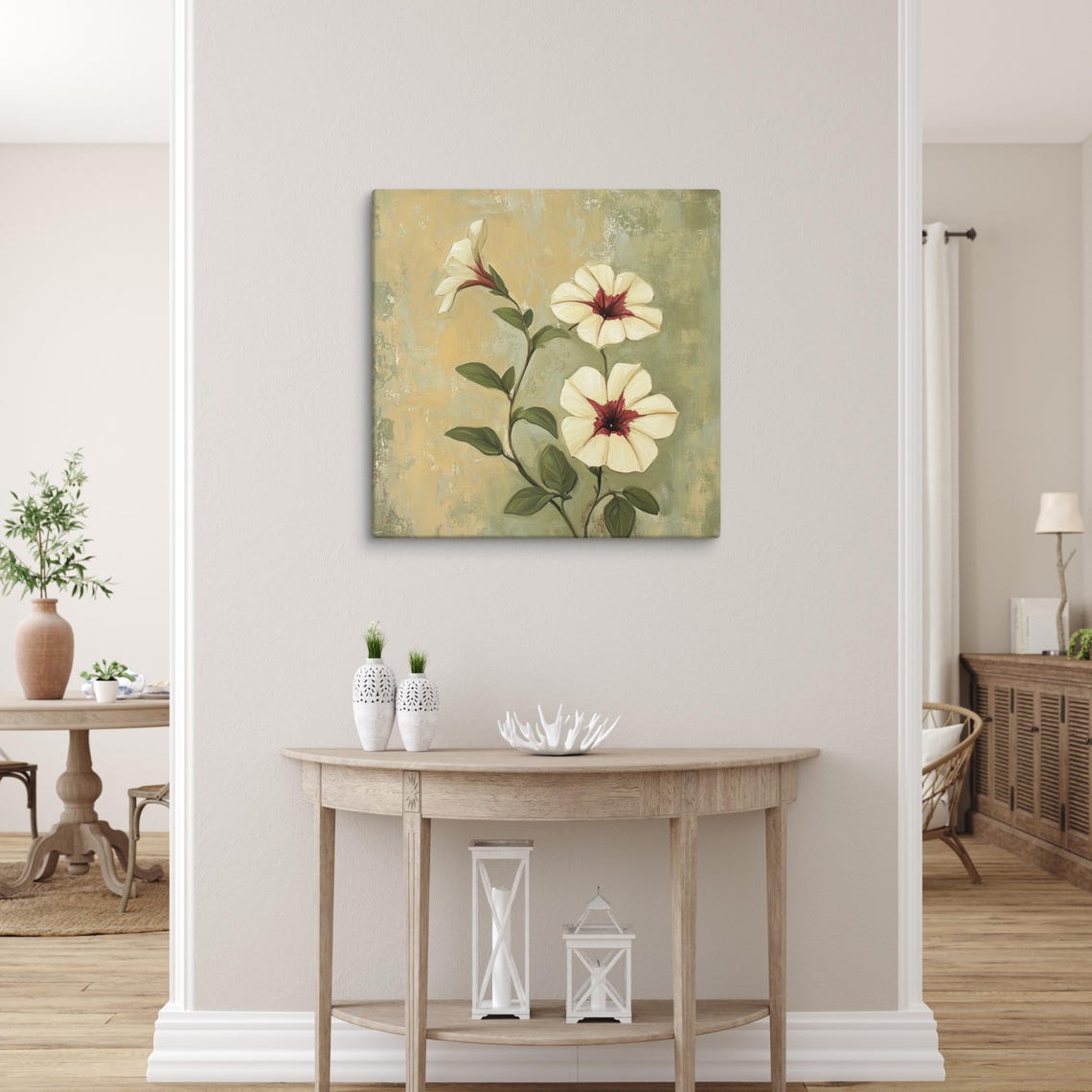Cream Petunias Crimson Centers Vintage Botanical Art Wall Poster - Image 3