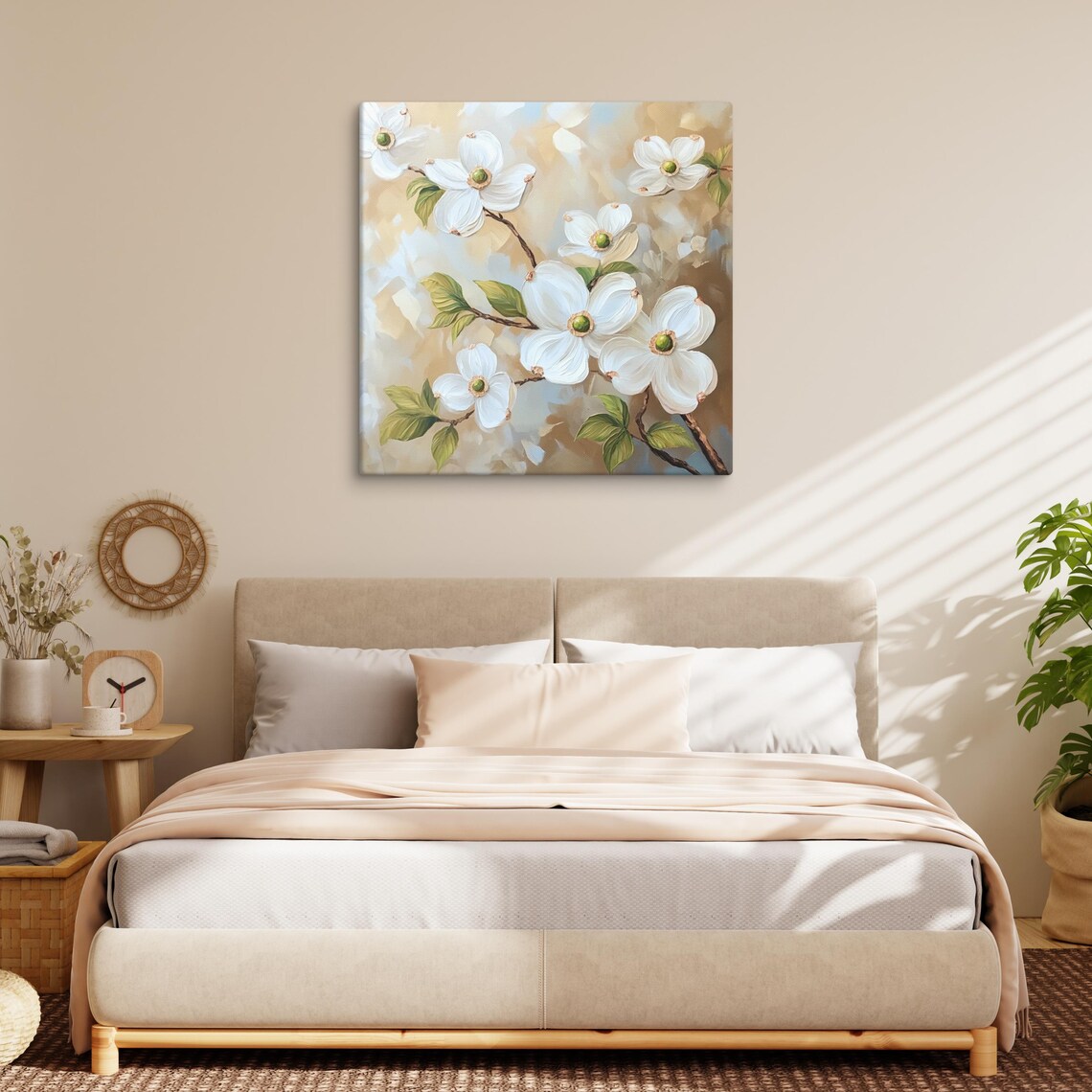 White Dogwood Blossoms Branch Soft Gold Floral Painting Wall Art - Image 3