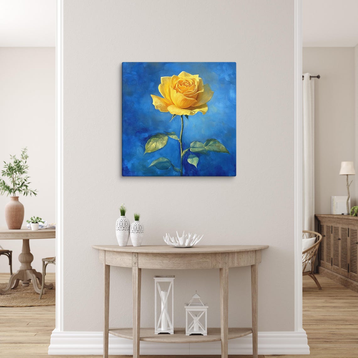 Yellow Rose Single Bloom Cobalt Blue Background Floral Wall Art - Image 5