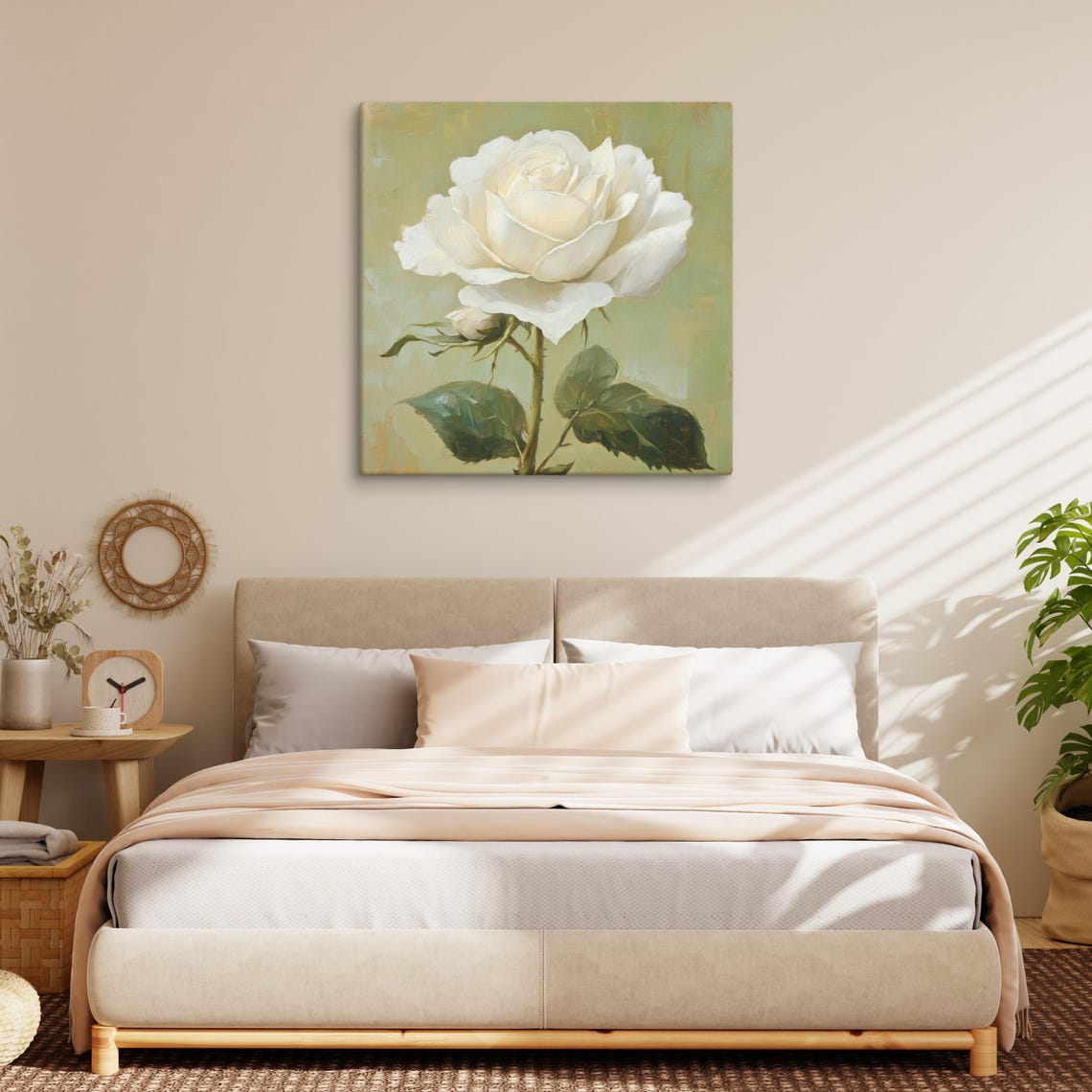 Elegant White Rose Bloom Bud Olive Green Floral Painting Print - Image 2
