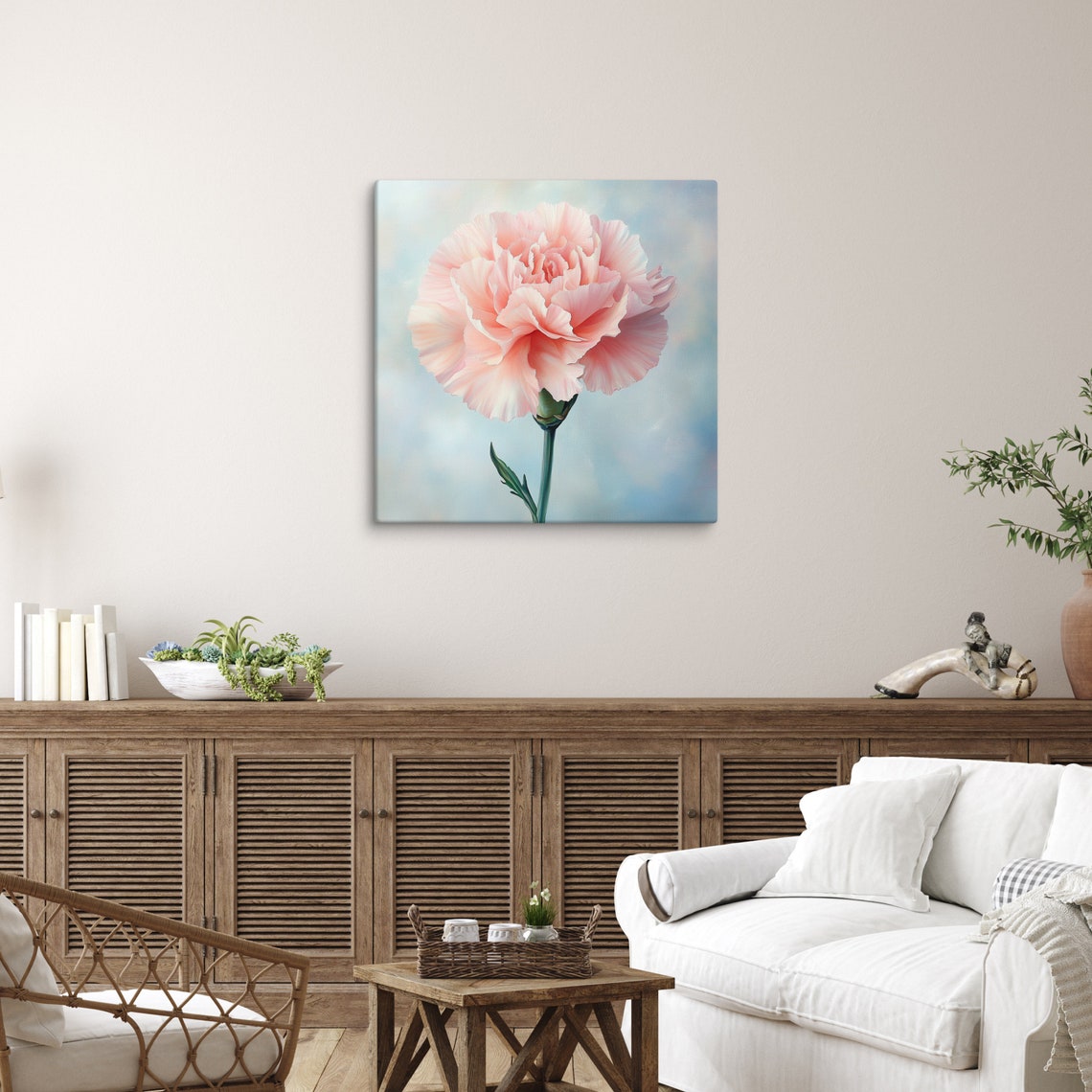 Blush Pink Carnation Flower Soft Blue Pastel Floral Art Poster - Image 5
