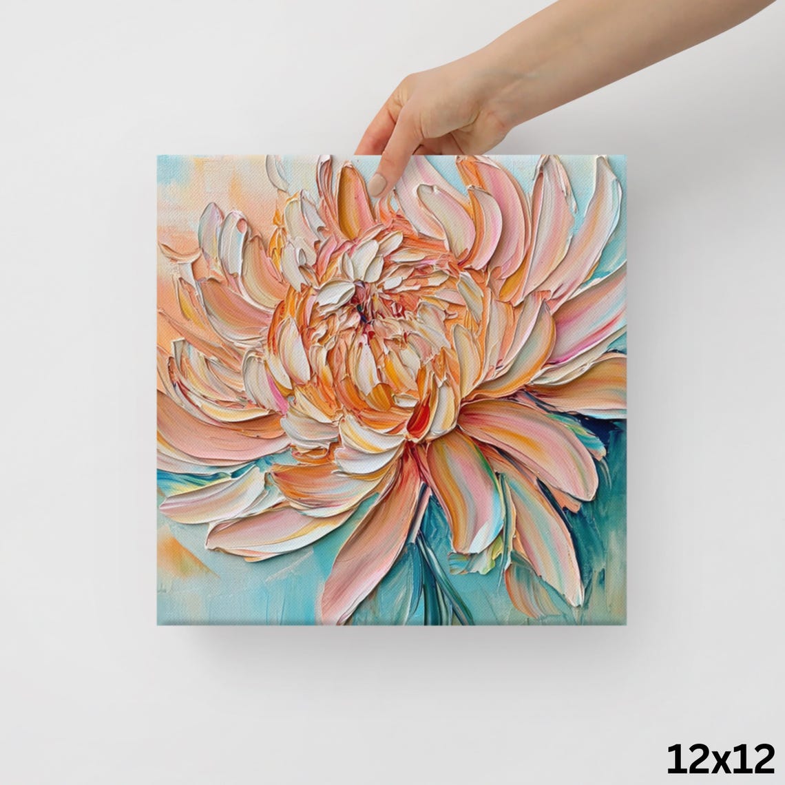 Peach Chrysanthemum Impasto Painting Teal Background Floral Poster - Image 2
