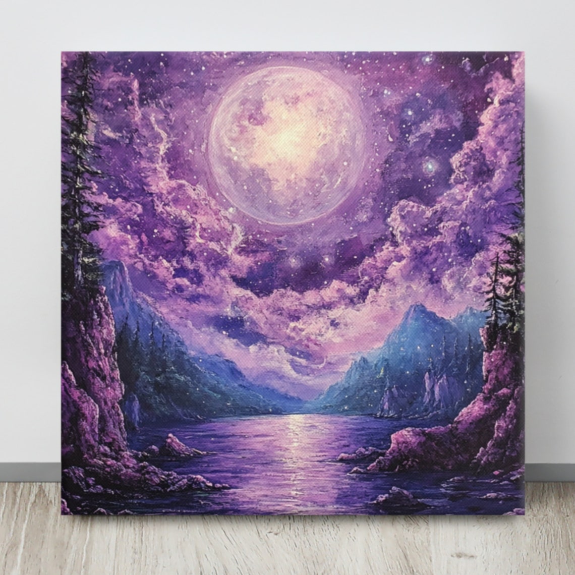 Purple Full Moon Over Mountain Lake Starry Night Sky Canvas Wall Art