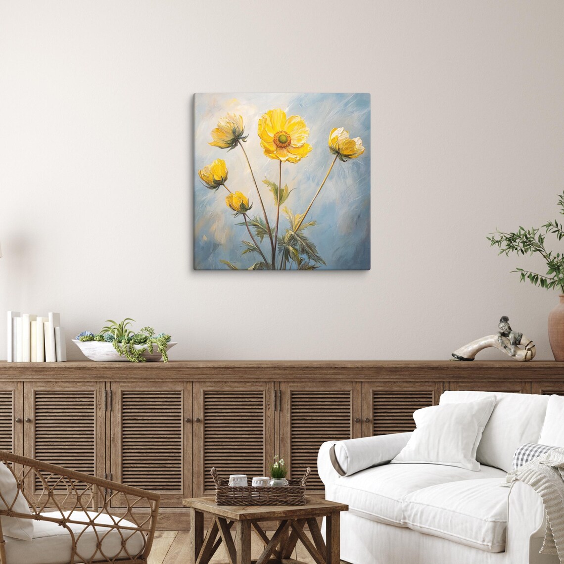 Yellow Globeflowers Tall Stems Blue Sky Floral Painting Print - Image 5