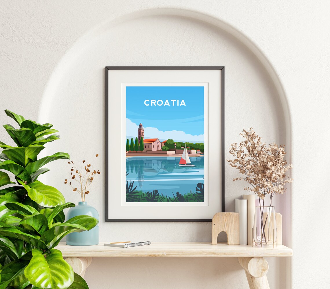 Croatia Coastal Town Church and Sailboat Adriatic Travel Poster - Image 2