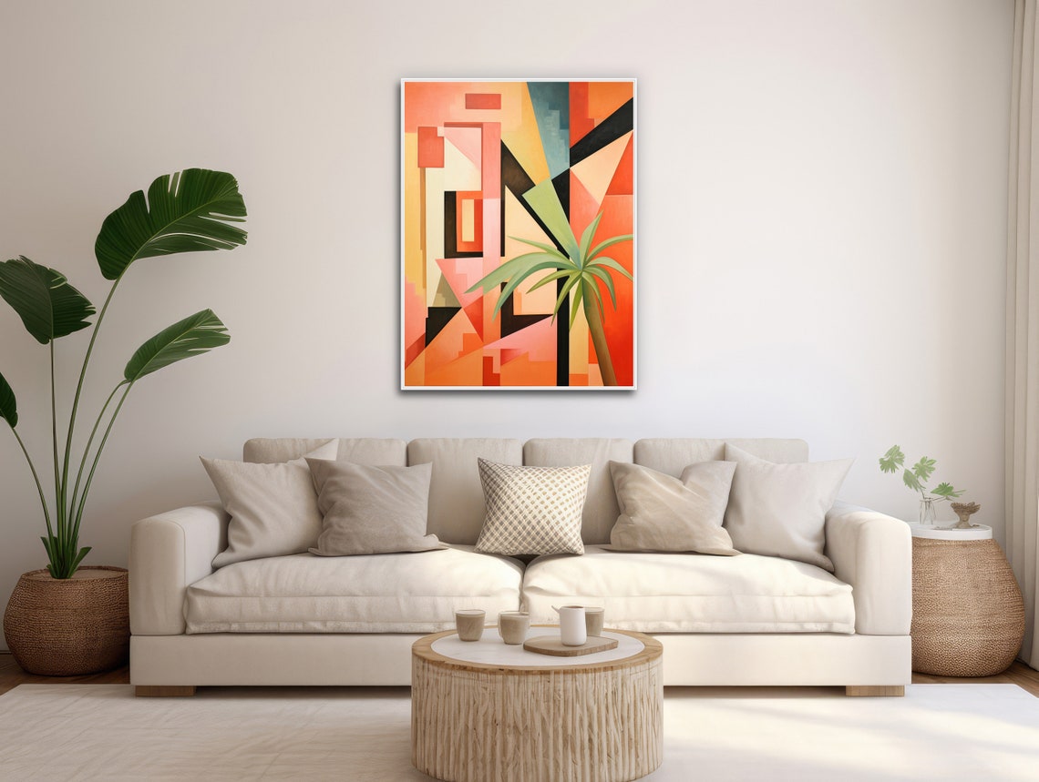 Geometric Tiki Palm Abstract In Coral Orange And Black Poster - Image 3