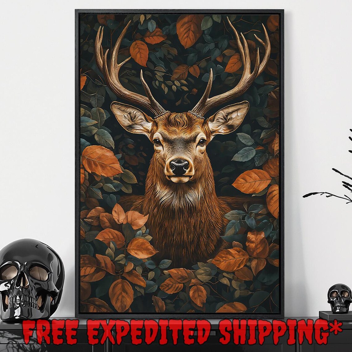 Majestic Stag Among Dense Teal And Orange Autumn Foliage Wall Poster - Image 5