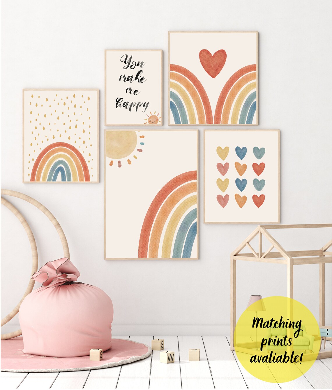 Pink Rainbow Print Baby Girl Nursery Wall Decor Kids Room Art Boho Heart Artwork Playroom Poster Blush Gold Toddler Picture - Image 3