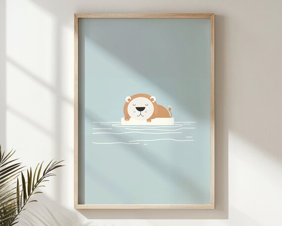 Sleeping Lion Cub Floating Blue Water Minimalist Nursery Wall Poster